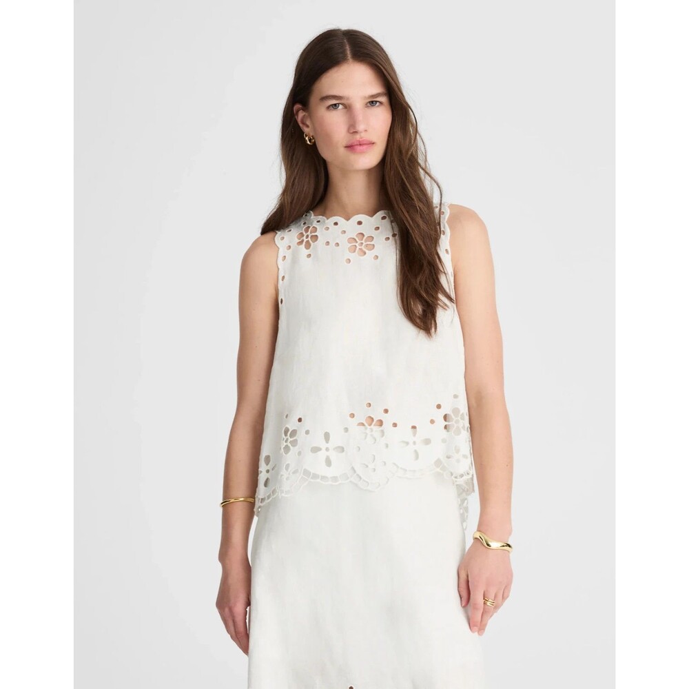 MADEWELL Embroidered Eyelet High-Low Tank Top S Salt White Linen Swing NWT B28